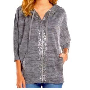 Juicy Couture Y2K Vintage Gray Sequins J Pull Tab Oversized Sweatshirt L
